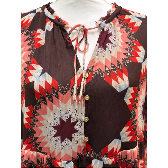 LOFT Boho Patchwork Tie Neck Pocket Mini Swing‎ Dress Size Medium - Picture 5 of 9